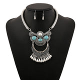 Maxbell Antique Silver Turquoise Tassel Statement Necklace Bib Earring Jewelry Set