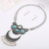 Maxbell Antique Silver Turquoise Tassel Statement Necklace Bib Earring Jewelry Set