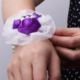 Maxbell Bridal Prom Party Wrist Corsage Pearl Lace Bracelet Hand Flower Purple