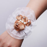 Maxbell Bridal Prom Party Wrist Corsage Pearl Lace Bracelet Hand Flower Champagne