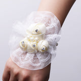 Maxbell Bridal Prom Party Wrist Corsage Pearl Lace Bracelet Hand Flower Beige