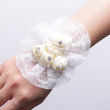 Maxbell Bridal Prom Party Wrist Corsage Pearl Lace Bracelet Hand Flower Beige