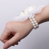 Maxbell Bridal Prom Party Wrist Corsage Pearl Lace Bracelet Hand Flower Beige