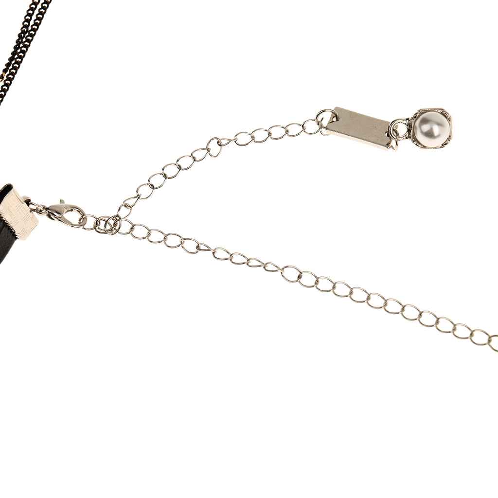 Maxbell Simple Multilayer Chain Pearl Pendant PU Leather Choker Short Necklace Black