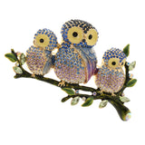 Maxbell Cute Crystal Enamel Three Owls Family Animal Brooch Pin Jewelry Purple