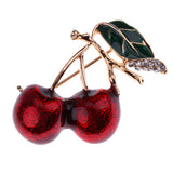 Maxbell Cherry Cerise Fruit Green Leaf Rhinestone Brooch Pin Jewelry Gift Deep Red