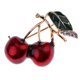 Maxbell Cherry Cerise Fruit Green Leaf Rhinestone Brooch Pin Jewelry Gift Deep Red