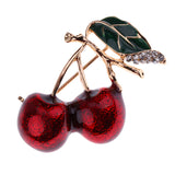 Maxbell Cherry Cerise Fruit Green Leaf Rhinestone Brooch Pin Jewelry Gift Deep Red