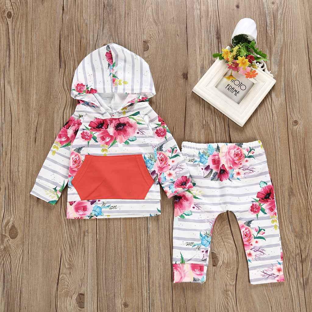 Maxbell Baby Girl 2pcs Set Outfit Print Hoodies with Pocket Top+Long Pants 6-12 Months  Flower