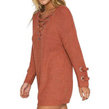 Maxbell Women's Lace Up Front V Neck Long Sleeve Knit Long Sweater Top Orange