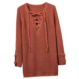 Maxbell Women's Lace Up Front V Neck Long Sleeve Knit Long Sweater Top Orange