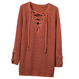 Maxbell Women's Lace Up Front V Neck Long Sleeve Knit Long Sweater Top Orange