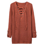 Maxbell Women's Lace Up Front V Neck Long Sleeve Knit Long Sweater Top Orange