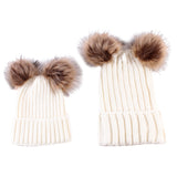 Maxbell Warm Mom & Newborn Baby Kid Hats Crochet Knit Hairball Beanie Hat 2PCS White