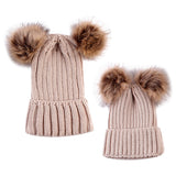 Maxbell Warm Mom & Newborn Baby Kid Hats Crochet Knit Hairball Beanie Hat 2PCS Beige