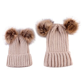 Maxbell Warm Mom & Newborn Baby Kid Hats Crochet Knit Hairball Beanie Hat 2PCS Beige