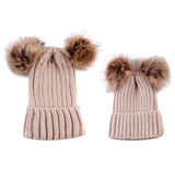 Maxbell Warm Mom & Newborn Baby Kid Hats Crochet Knit Hairball Beanie Hat 2PCS Beige