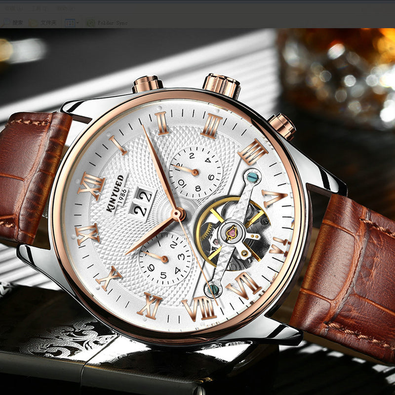Maxbell Luxury Men's  Automatic Mechanical Wristwatch Hollow Genuine Leather Brown