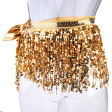 Maxbell Fashion Belly Dance Waist Chain Hip Skirt Scarf with Sequins Tassel Gold