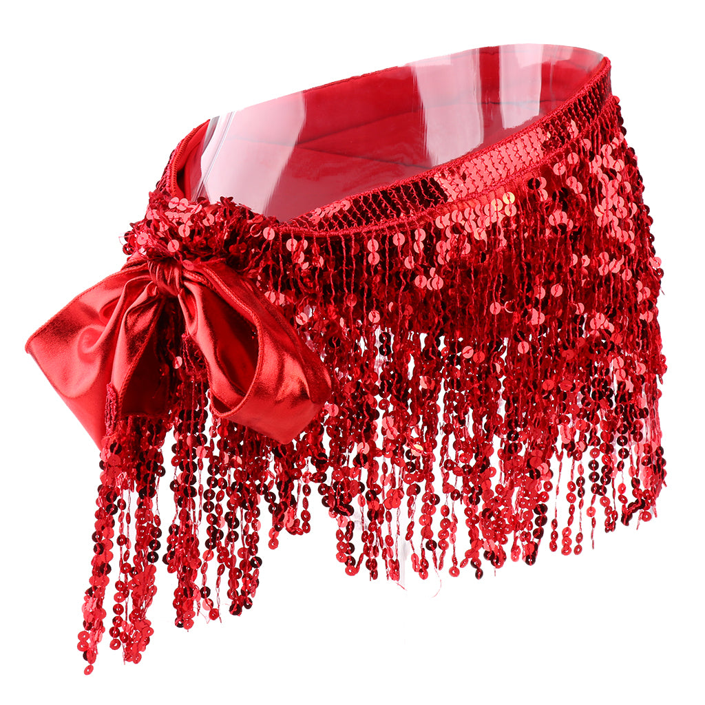 Maxbell Fashion Belly Dance Waist Chain Hip Skirt Scarf with Sequins Tassel Red