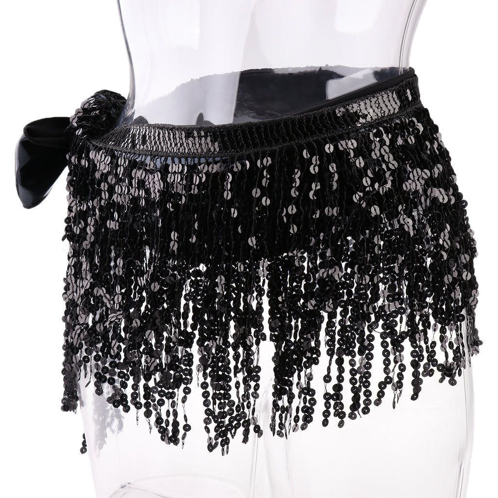 Maxbell Fashion Belly Dance Waist Chain Hip Skirt Scarf with Sequins Tassel Black