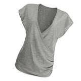 Maxbell Women Deep V Neck Blouse Short Sleeve Tops T-shirt Grey L