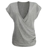 Maxbell Women Deep V Neck Blouse Short Sleeve Tops T-shirt Grey L