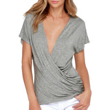 Maxbell Women Deep V Neck Blouse Short Sleeve Tops T-shirt Grey L