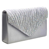 Maxbell Womens Satin Diamante Clutch Shouler Bag Evening Bridal Prom Handbag Silver