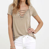 Maxbell Sexy Women V-Neck Short Sleeve Casual Bandage Hollow Out Tops Blouse T Shirt