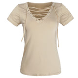 Maxbell Sexy Women V-Neck Short Sleeve Casual Bandage Hollow Out Tops Blouse T Shirt