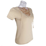 Maxbell Sexy Women V-Neck Short Sleeve Casual Bandage Hollow Out Tops Blouse T Shirt