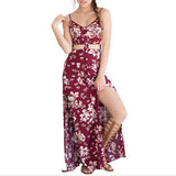 Maxbell Women Summer Long Flower Dress Female Casual Beach Strap Dress Dark Red L