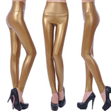 Maxbell Women Skinny Leggings Wet Look Faux Leather Leggings PU Pants Trousers S Gold