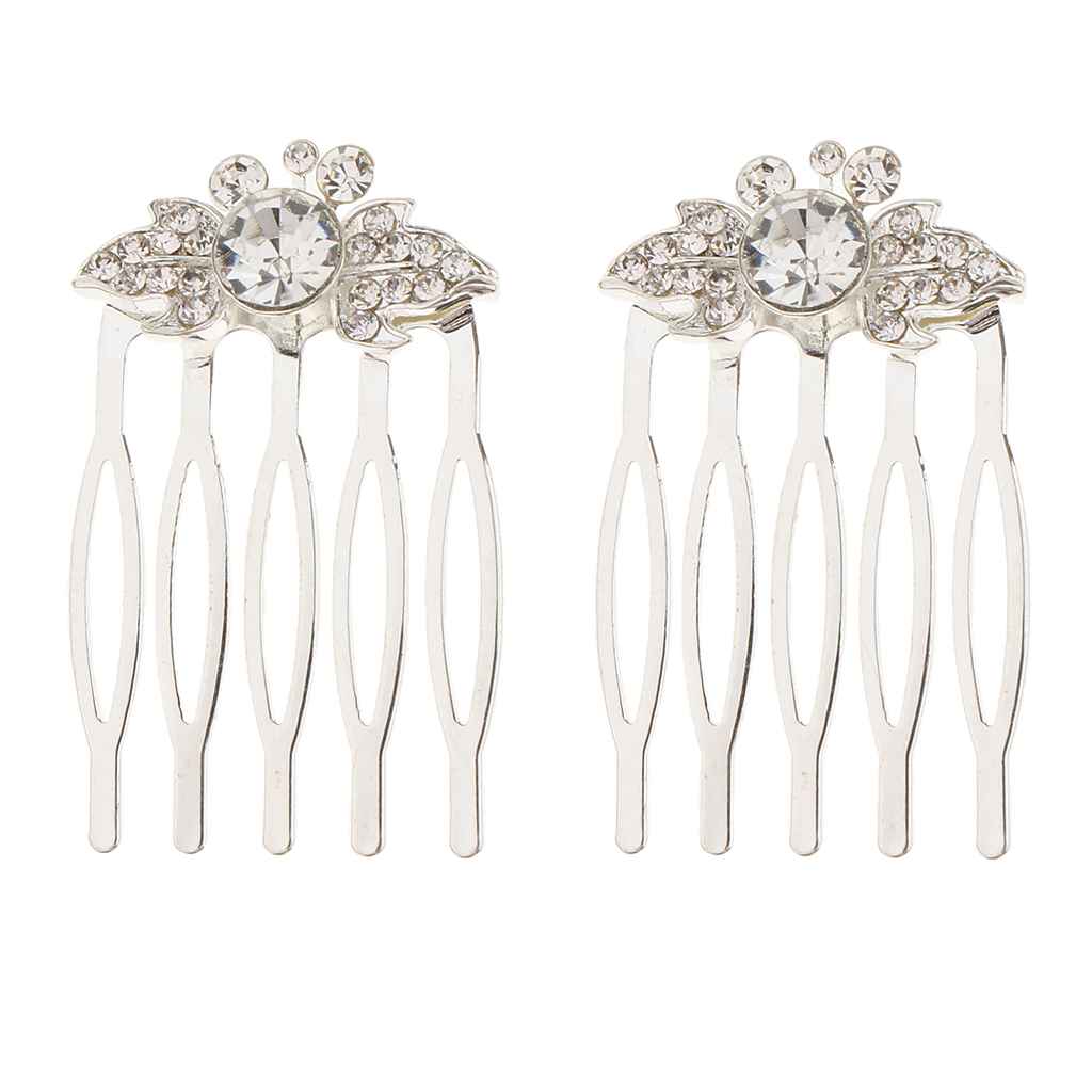 Maxbell Crystal Rhinestone Wedding Pearls Hair Clip Comb Bride Leaf - Silver