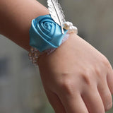 Maxbell Artificial Bridal Wrist Pearls Corsage Hand Flowers Bracelets Lake Blue