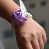 Maxbell Artificial Bridal Wrist Pearls Corsage Hand Flowers Bracelets Lilac