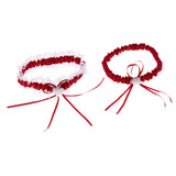 Maxbell 1 Pair  Bridal Lace Flower Bow Ribbon Pearl Leg Garter Thigh Ring Wine red