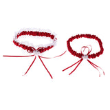 Maxbell 1 Pair  Bridal Lace Flower Bow Ribbon Pearl Leg Garter Thigh Ring Wine red