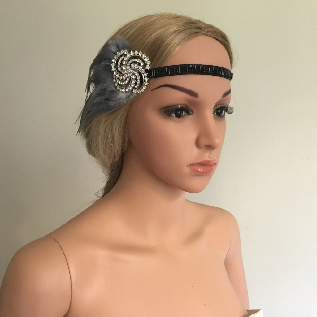 Maxbell Woman Feather Headband 20s Gatsby Rhinestone Forehead Headpieces Gray