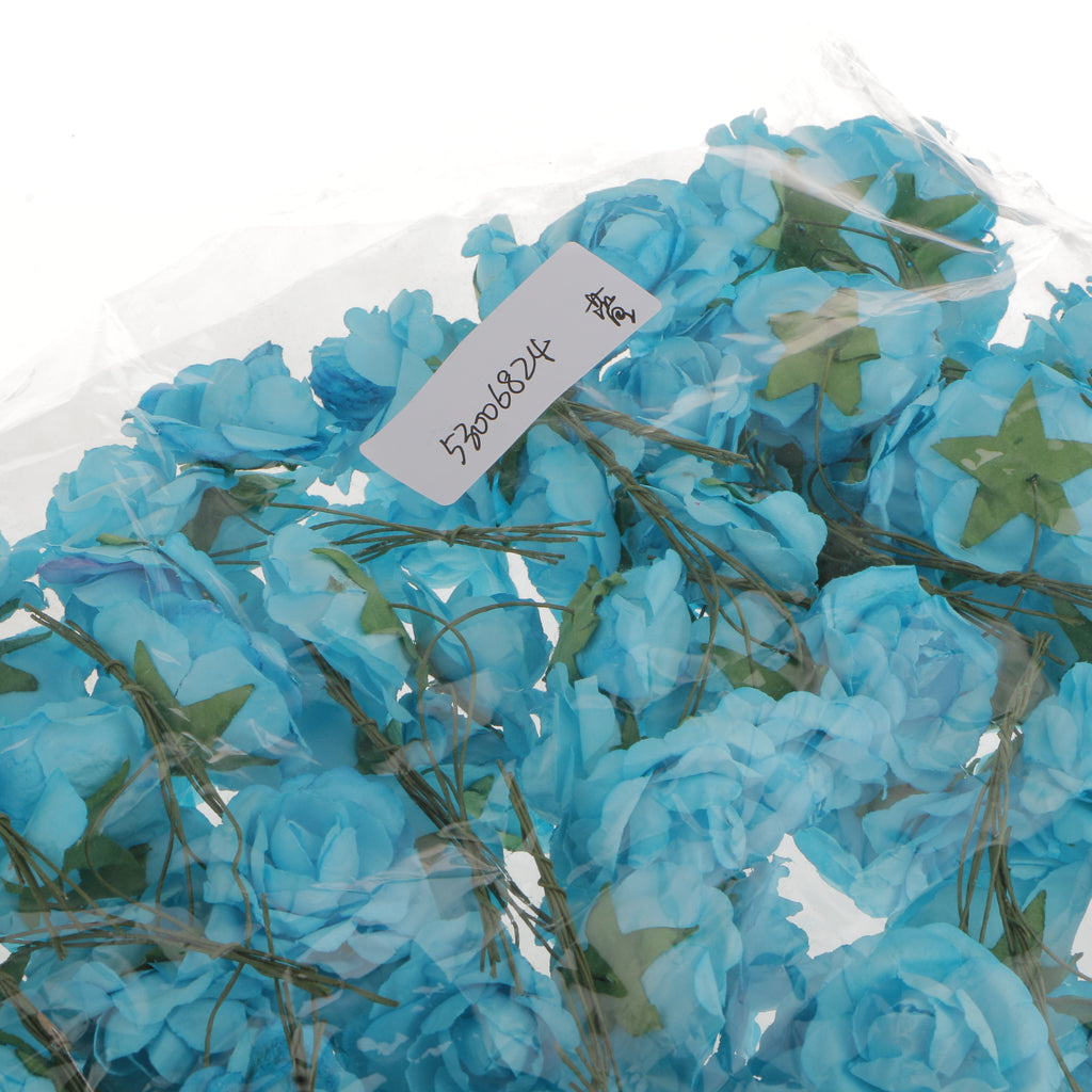 Maxbell 144pcs Mini Paper Artificial Rose Buds Flower DIY Craft Wedding Decor Blue