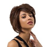 Maxbell Ladies Short Curly Layered Human Hair Oblique Bangs Full Wigs Brown with Cap