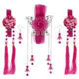 Maxbell 1 Set Ancient Chinese Hair Clip Tassel Ribbon Flower Drop Earring Rose Red