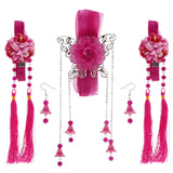 Maxbell 1 Set Ancient Chinese Hair Clip Tassel Ribbon Flower Drop Earring Rose Red