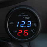 Maxbell 3in1 Car 12V 24V Blue LED Digital Voltmeter, Thermometer, USB Charger