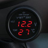 Maxbell 3in1 Car 12V 24V Red LED Digital Voltmeter, Thermometer, USB Charger