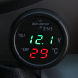 Maxbell 3in1 Car 12V 24V Green LED Digital Voltmeter, Thermometer, USB Charger