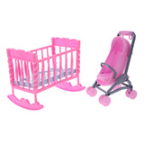 Maxbell 1/6 Pink Baby Cradle Bed + Stroller Model Dollhouse Miniature Furniture for Blythe  Dolls Accessory Kids Playset