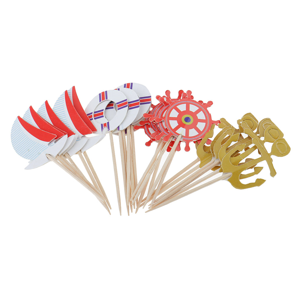 Maxbell 24pcs Lovely Navy Sailing Ocean Sailor Theme Cupcake Picks Toppers Muffin Food Sticks Children Birthday Party