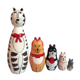 Maxbell Set of 5pcs Painted Wooden Cat Family Nesting Dolls Matryoshka Russian Doll Kids Gift